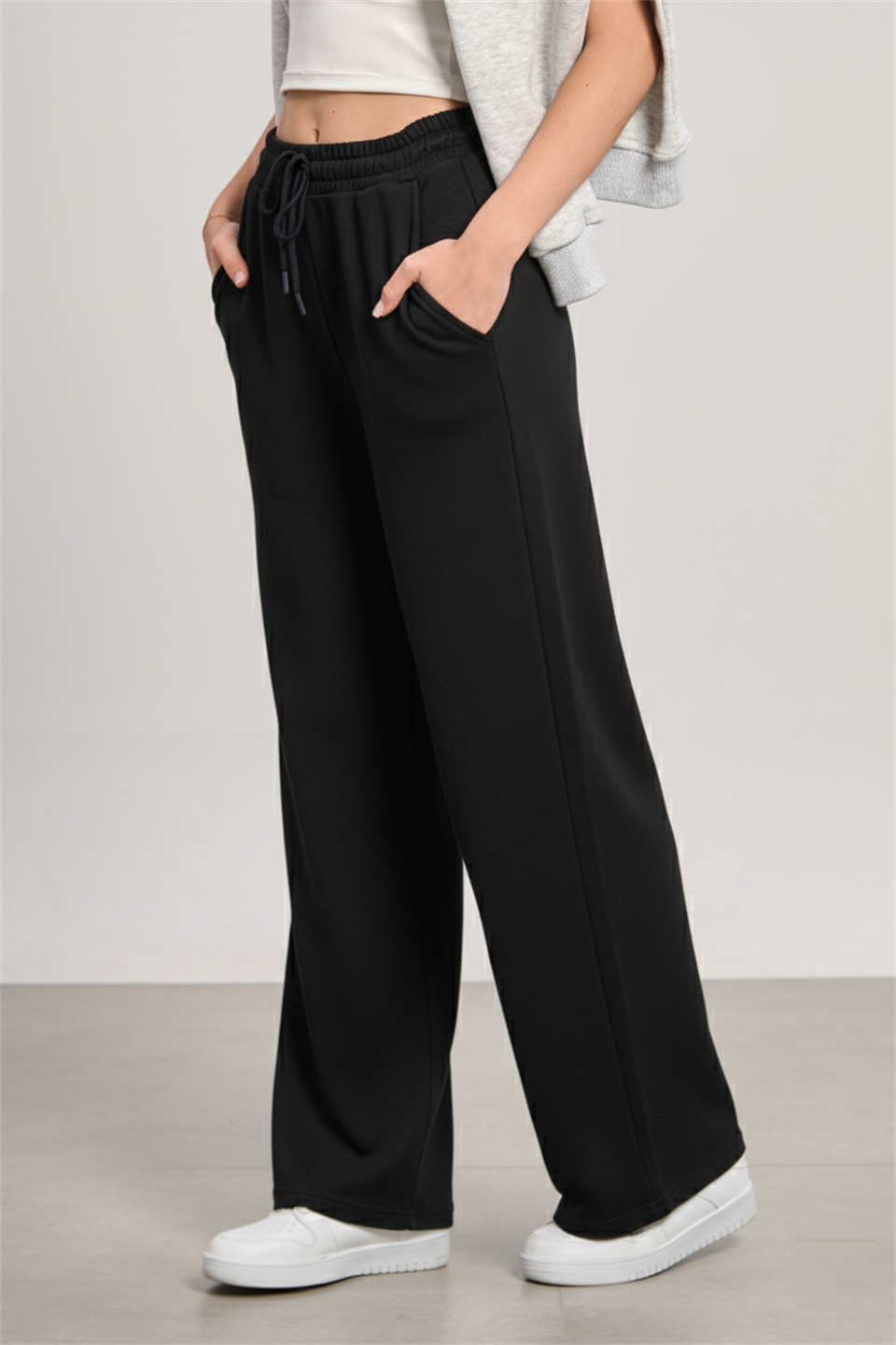 Beli Lastikli Modal Bol Paça Pantolon - Siyah