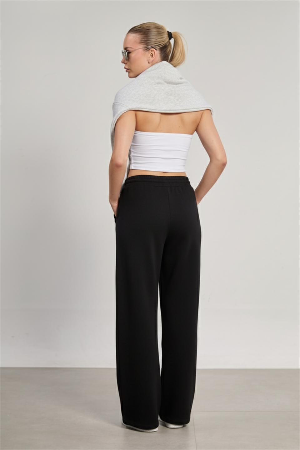 Beli Lastikli Modal Bol Paça Pantolon - Siyah