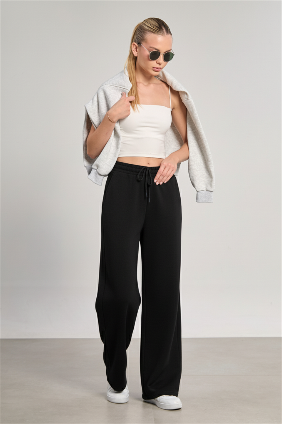 Beli Lastikli Modal Bol Paça Pantolon - Siyah