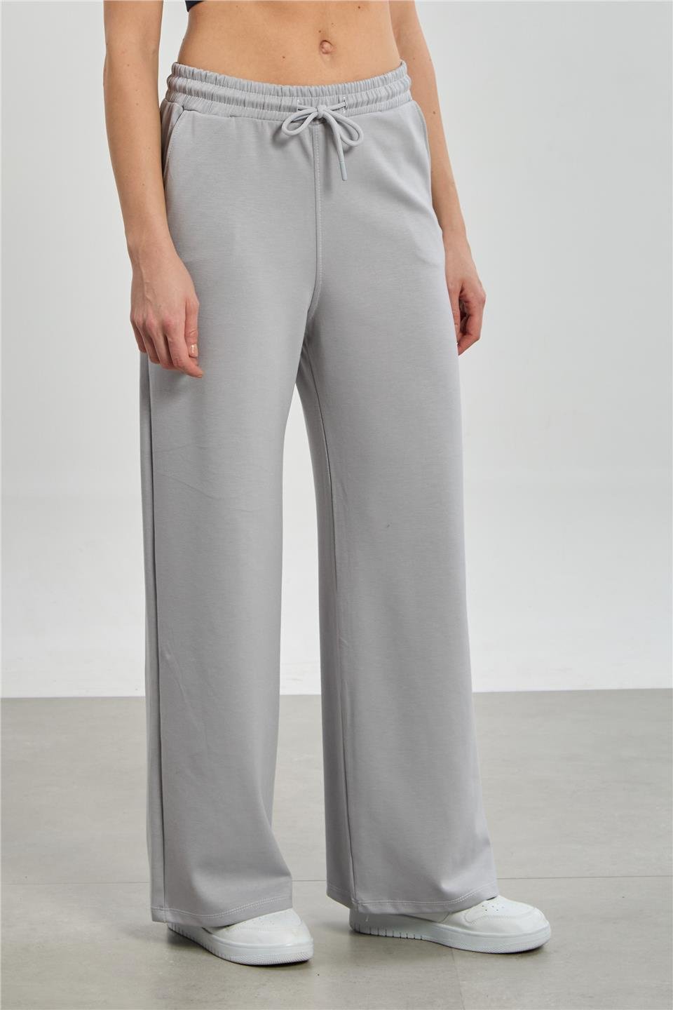 Kadın Beli Lastikli Modal Bol Paça Pantolon - B. Gri