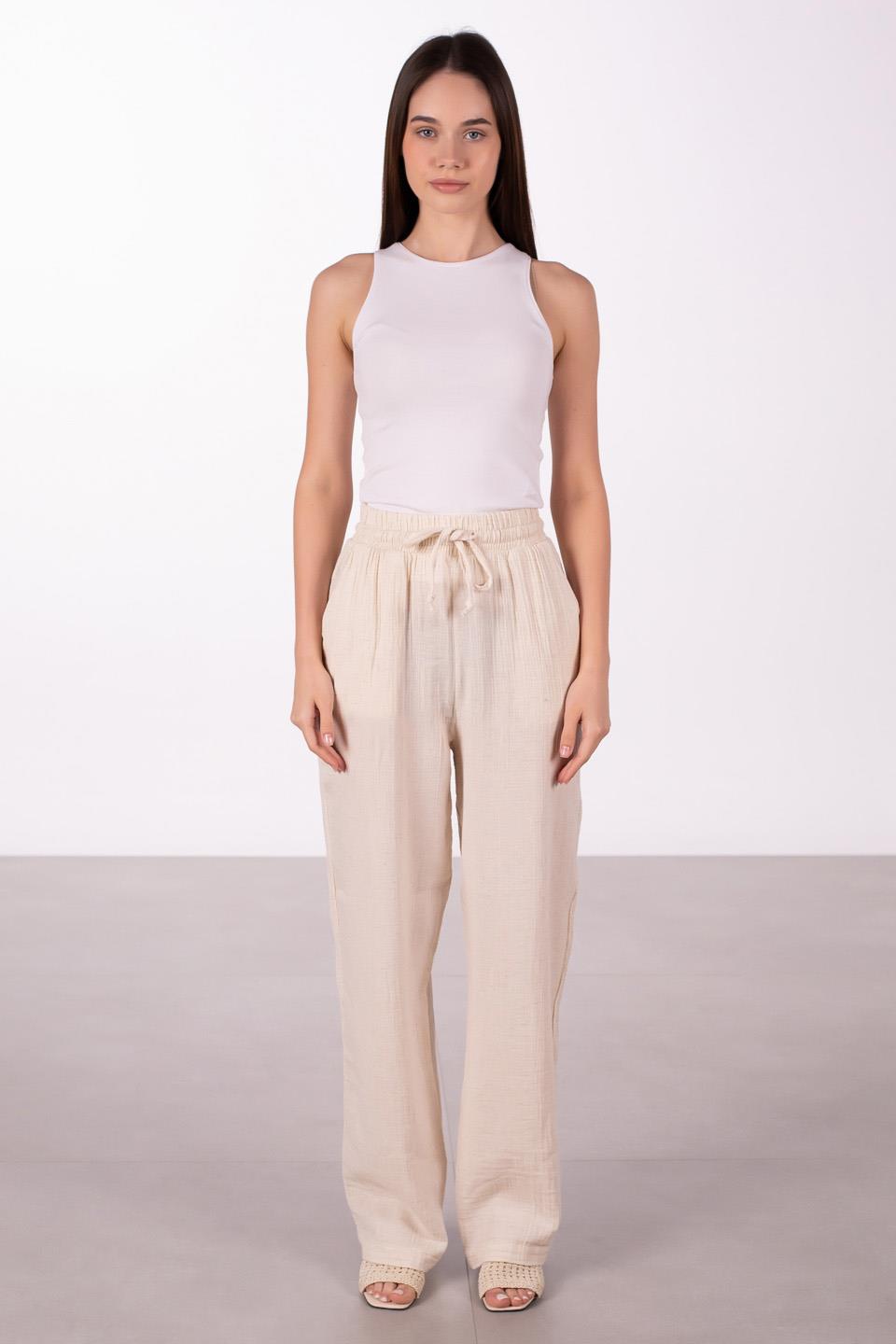 Kadın Beli Lastikli Müslin Bol Paça Pantolon - Taş