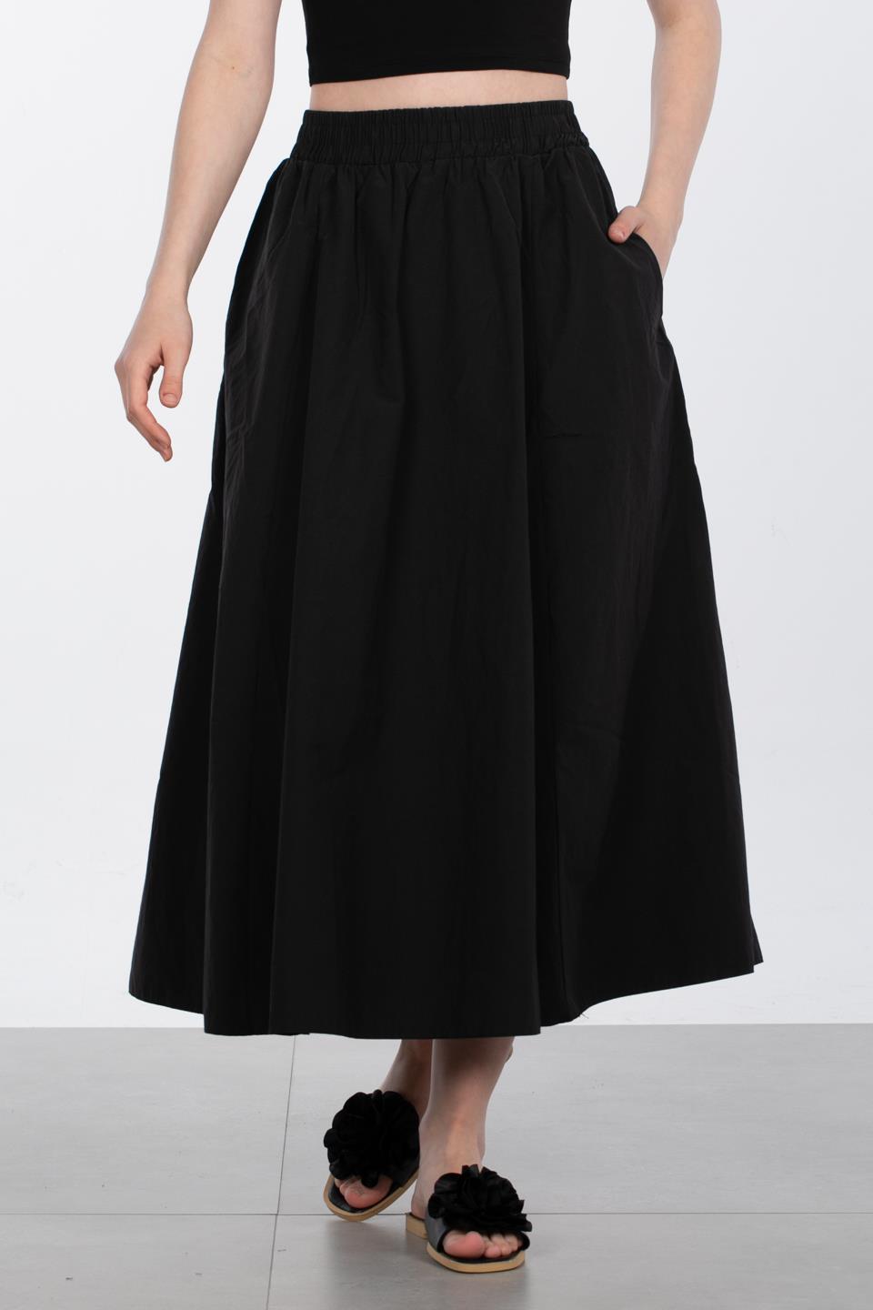 Kadın Beli Lastikli Paraşüt Etek - Siyah