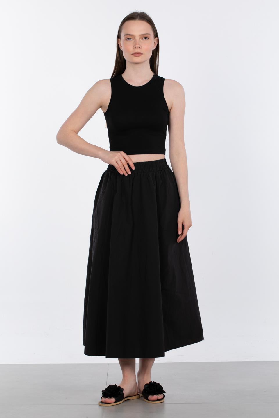 Kadın Beli Lastikli Paraşüt Etek - Siyah