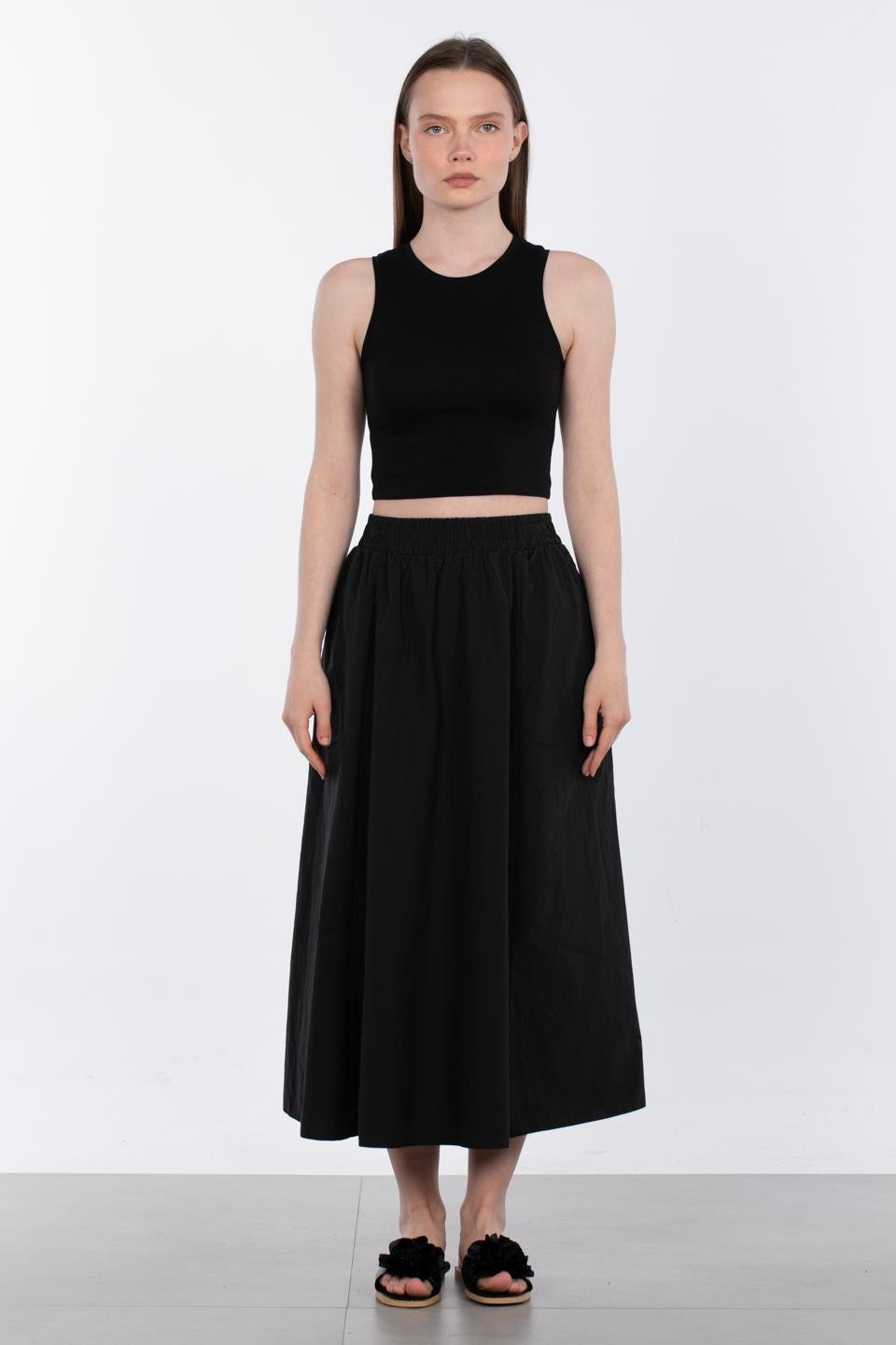 Kadın Beli Lastikli Paraşüt Etek - Siyah