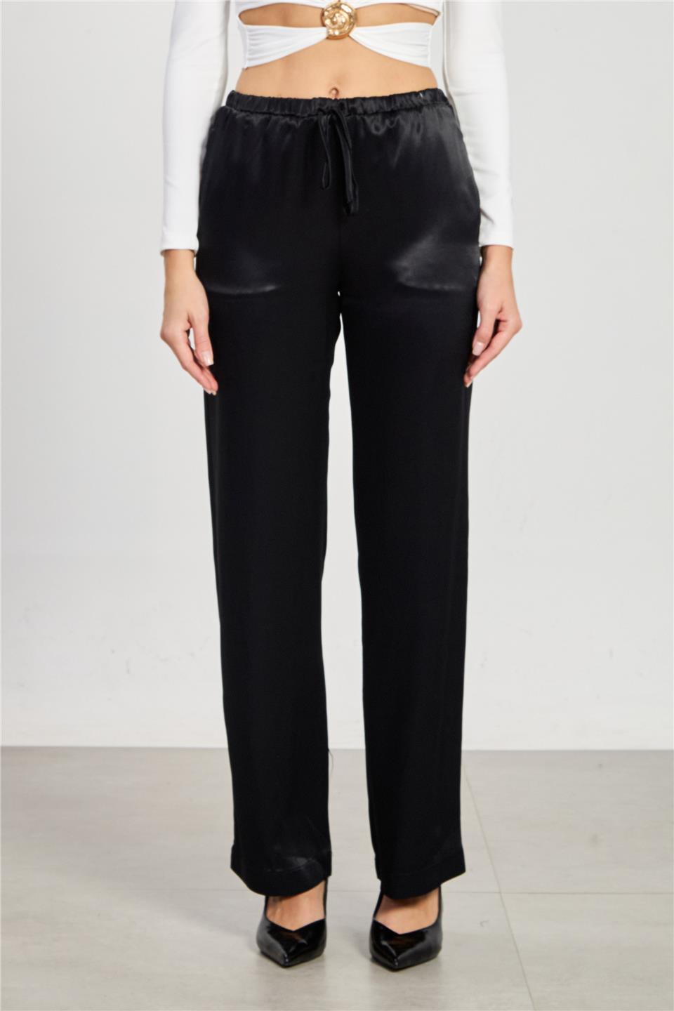 Kadın Beli Lastikli Saten Pantolon - Siyah