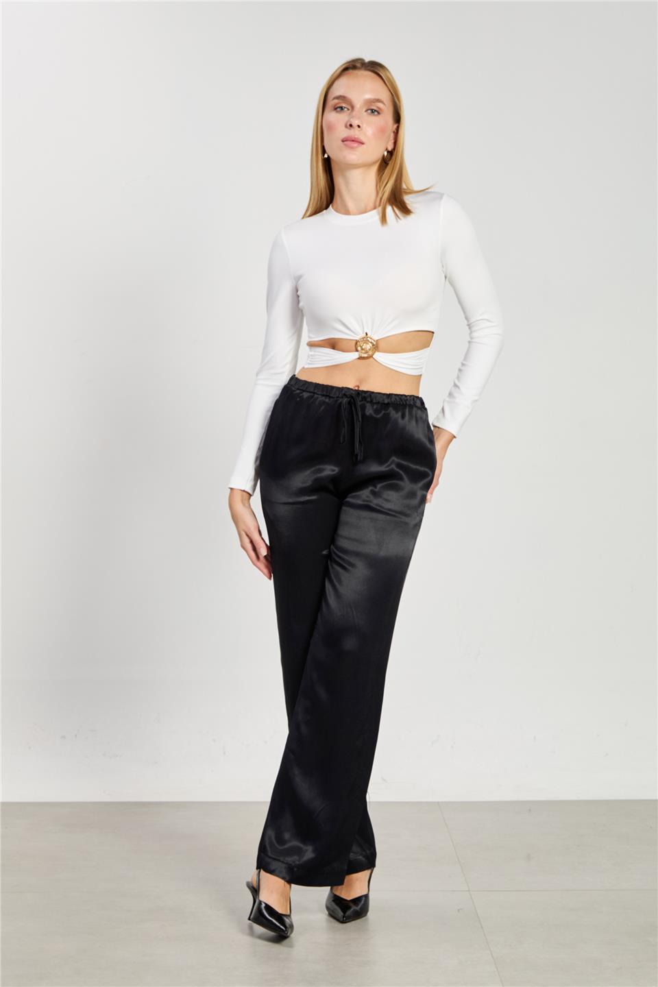 Kadın Beli Lastikli Saten Pantolon - Siyah