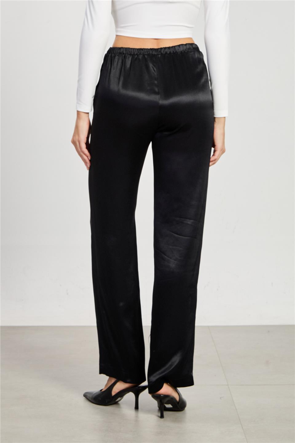 Kadın Beli Lastikli Saten Pantolon - Siyah