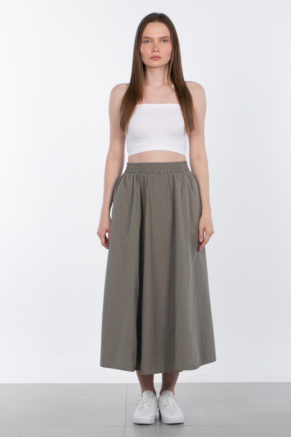 Kadın Beli Lastikli Paraşüt Etek - Haki