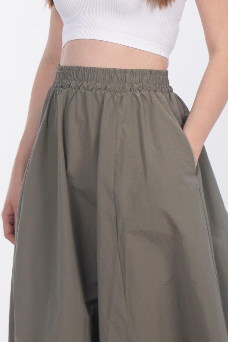 Kadın Beli Lastikli Paraşüt Etek - Haki