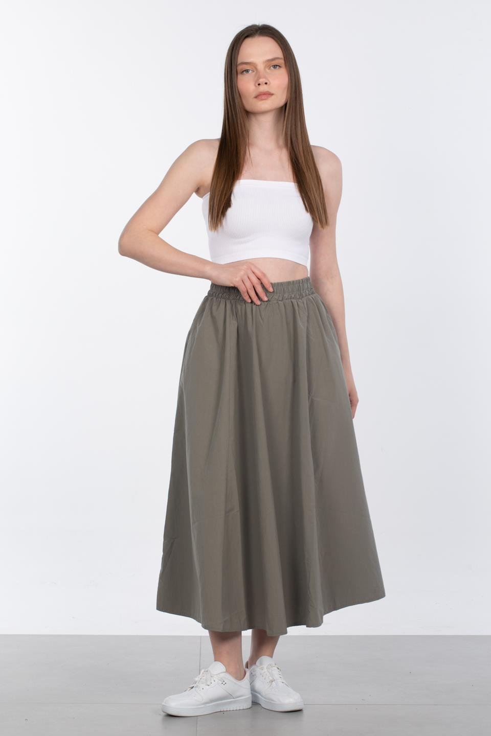 Kadın Beli Lastikli Paraşüt Etek - Haki