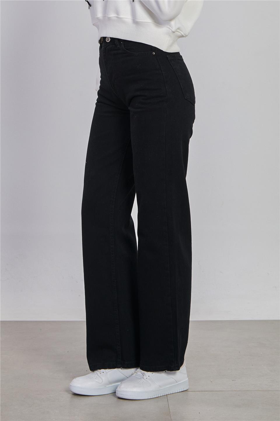 Kadın Beli Tokalı Palazzo Jean Pantolon - Siyah