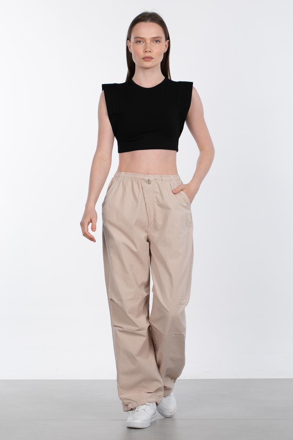 Beli ve Paçası İpli Salaş Pantolon - Taş