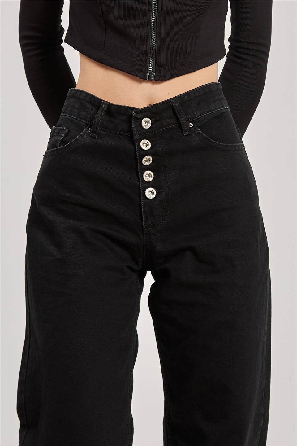 Kadın Beş Düğmeli Palazzo Jean Pantolon - Siyah