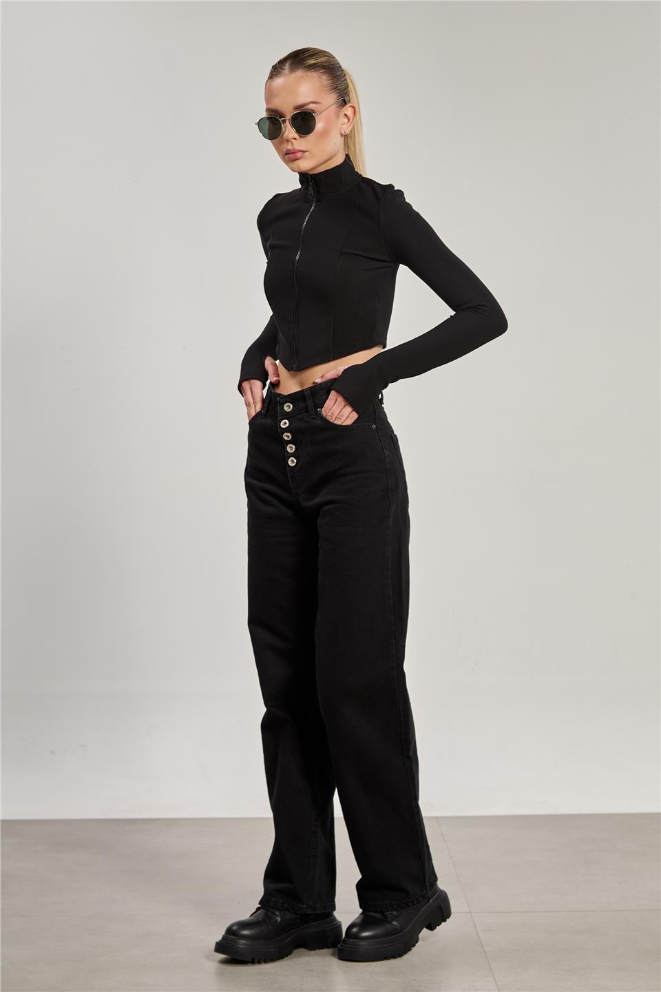Kadın Beş Düğmeli Palazzo Jean Pantolon - Siyah