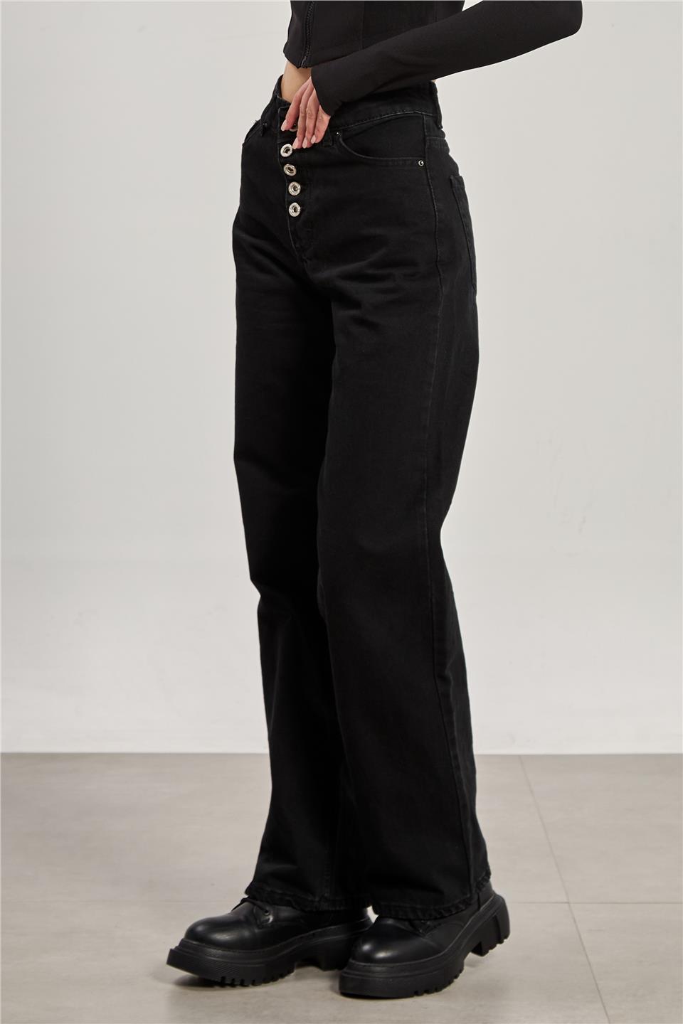 Kadın Beş Düğmeli Palazzo Jean Pantolon - Siyah