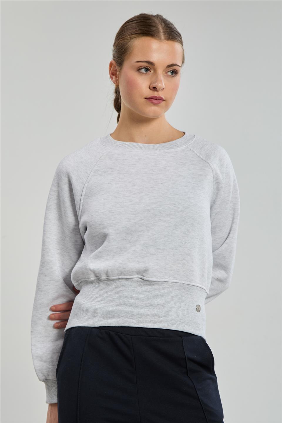 Kadın Bisiklet Yaka Arkası Fermuarlı Sweatshirt - Kar Melanj