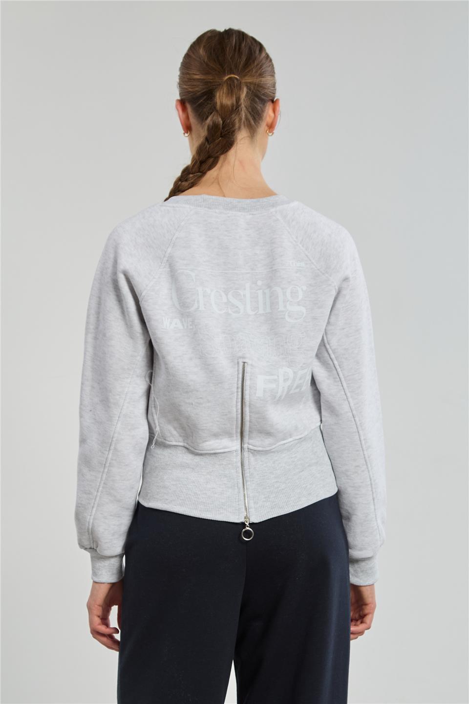 Kadın Bisiklet Yaka Arkası Fermuarlı Sweatshirt - Kar Melanj