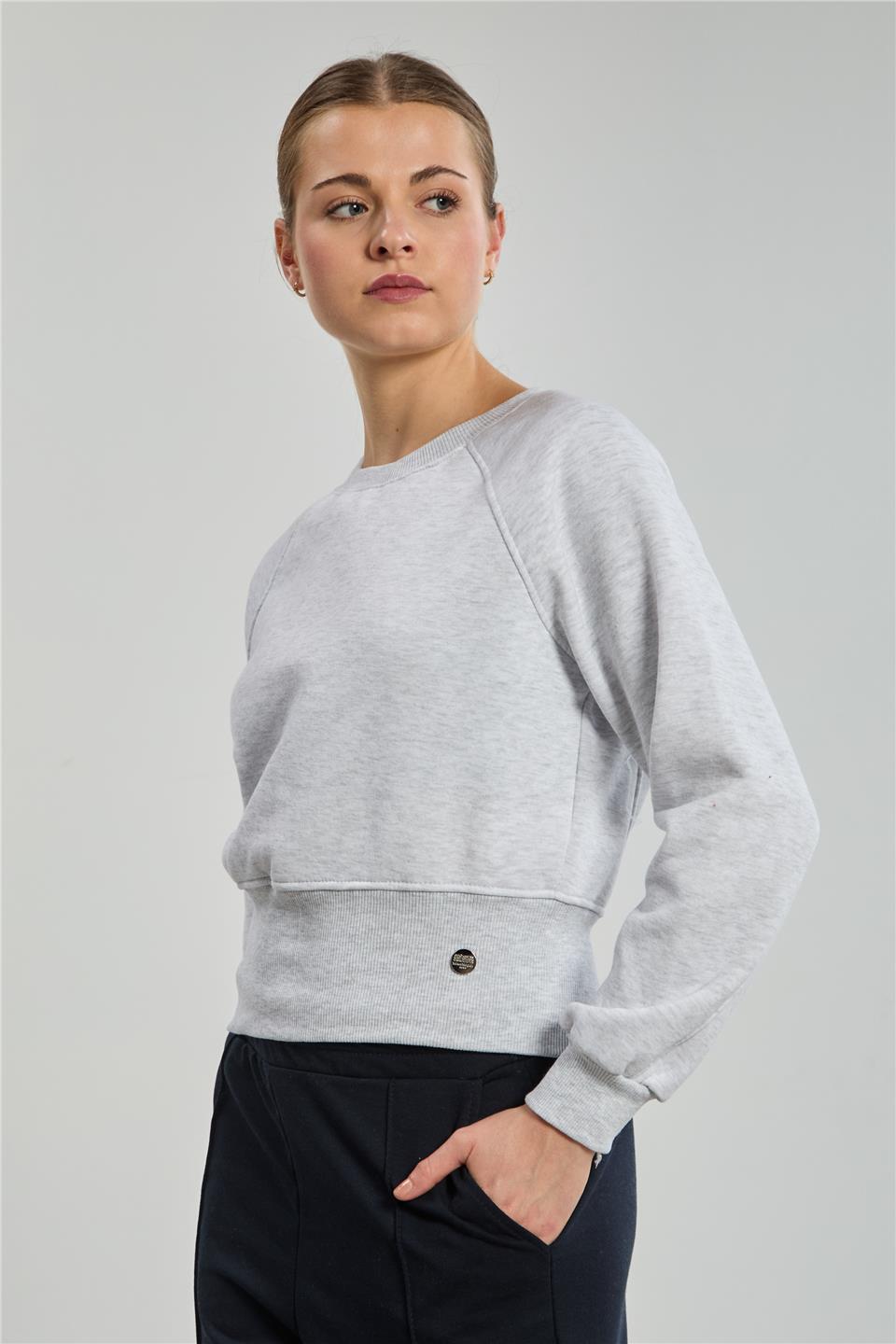 Kadın Bisiklet Yaka Arkası Fermuarlı Sweatshirt - Kar Melanj