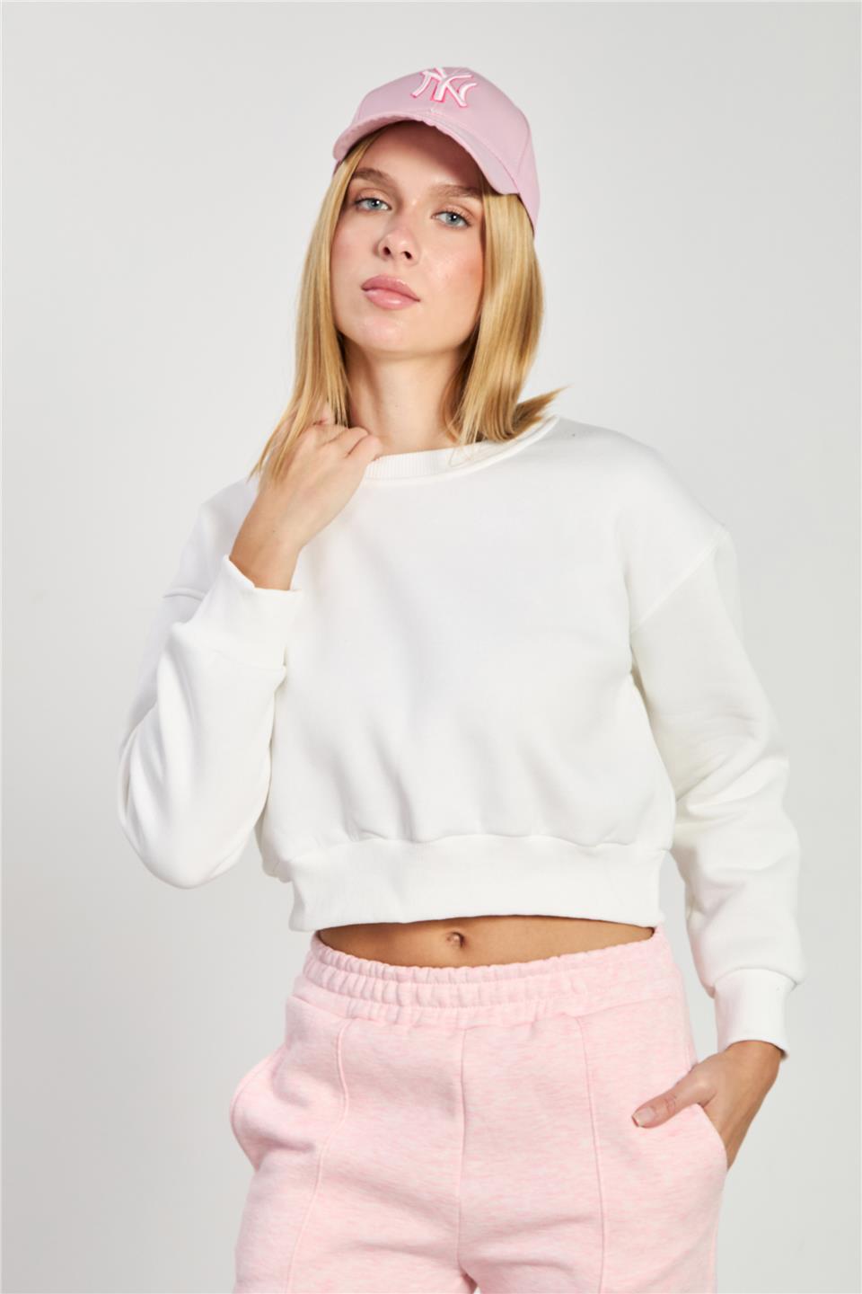 Kadın Bisiklet Yaka Crop Sweatshirt - Ekru