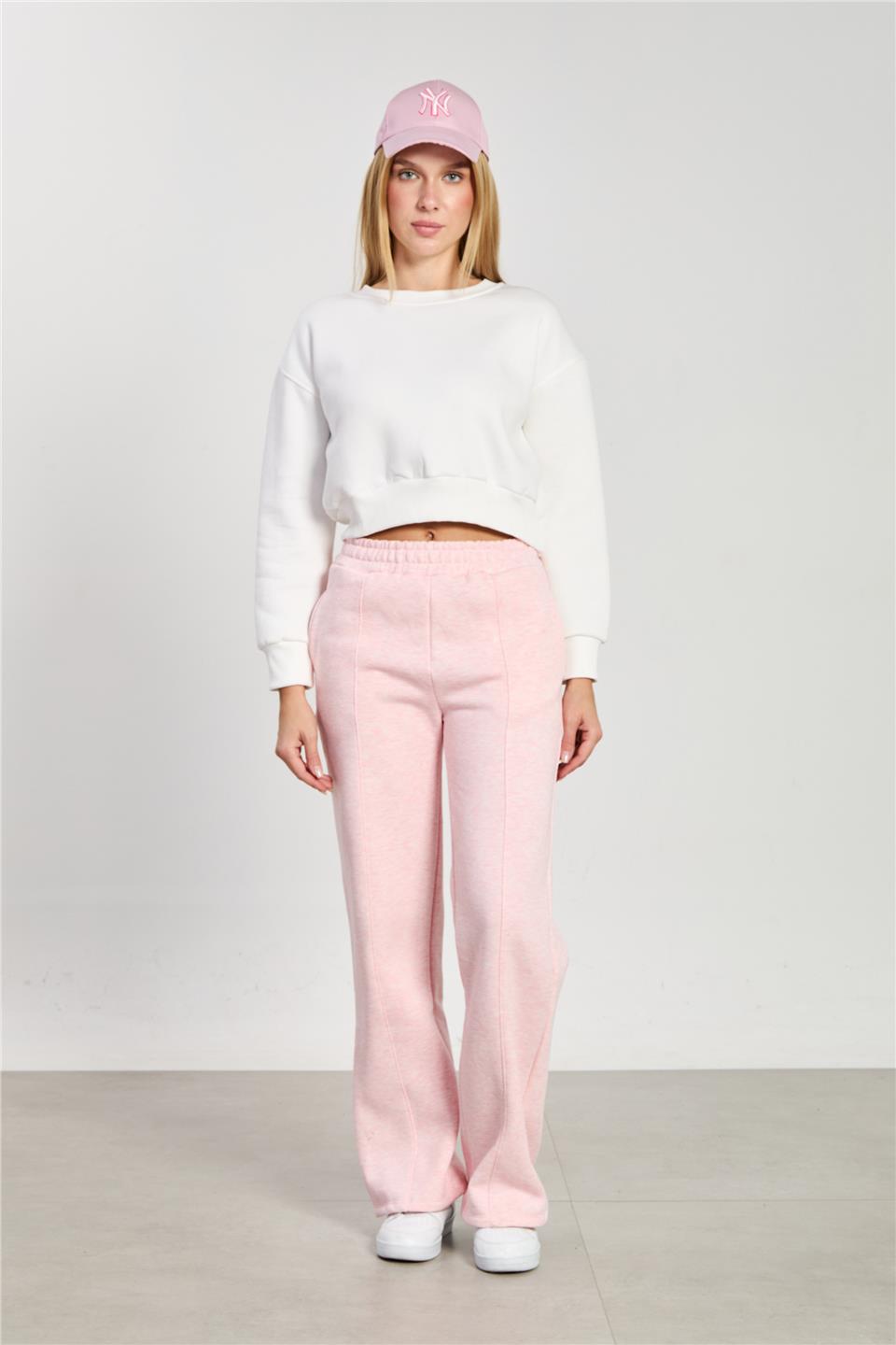 Kadın Bisiklet Yaka Crop Sweatshirt - Ekru