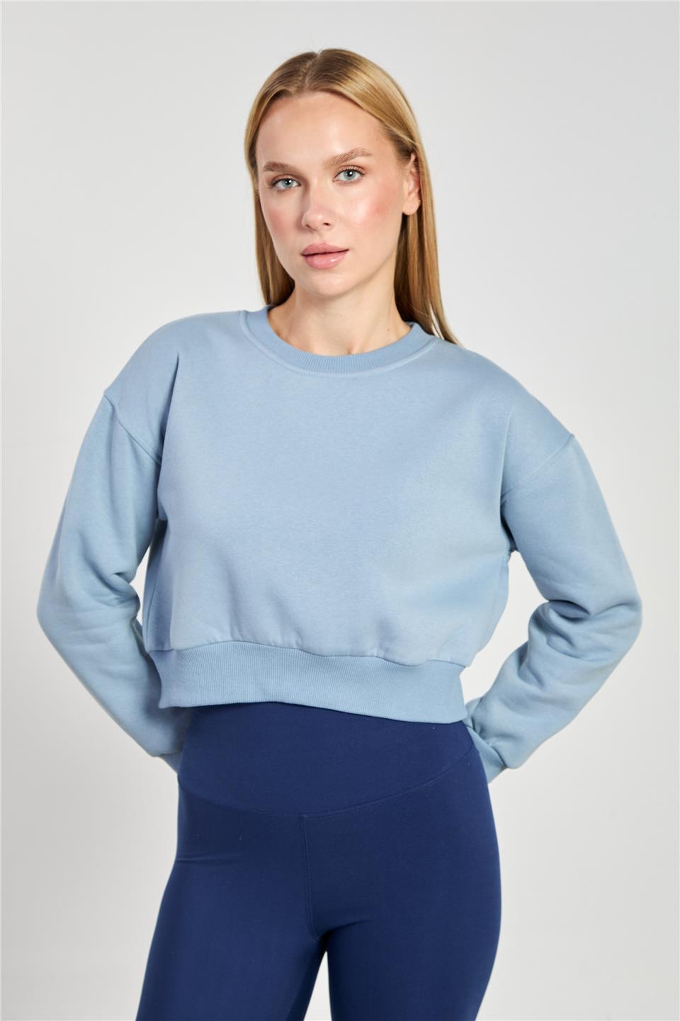 Kadın Bisiklet Yaka Crop Sweatshirt - Gök Mavi