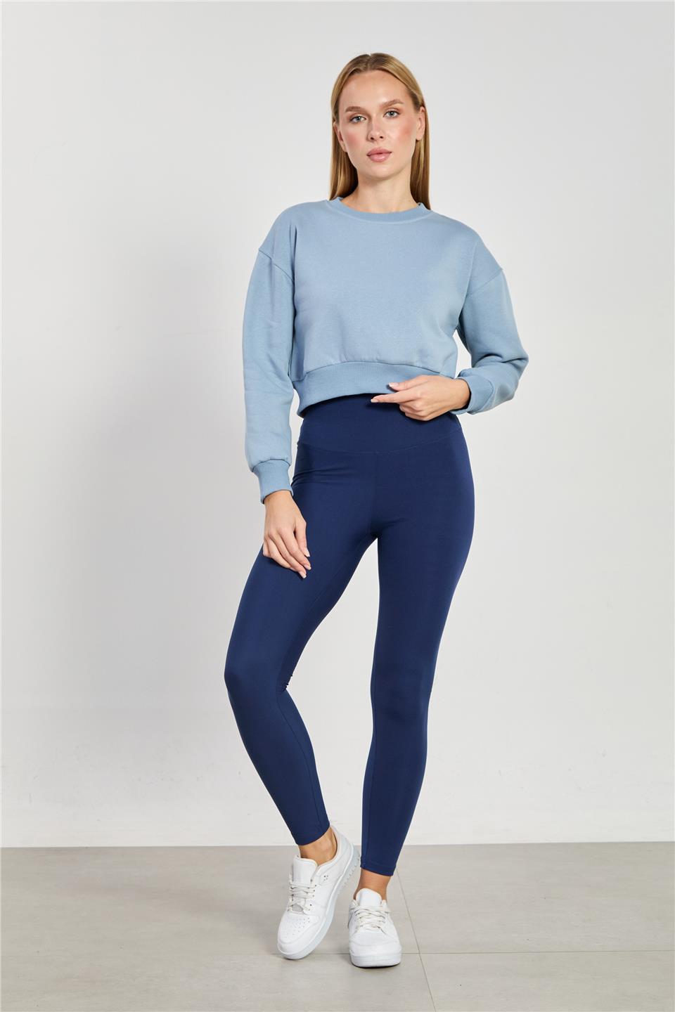 Kadın Bisiklet Yaka Crop Sweatshirt - Gök Mavi