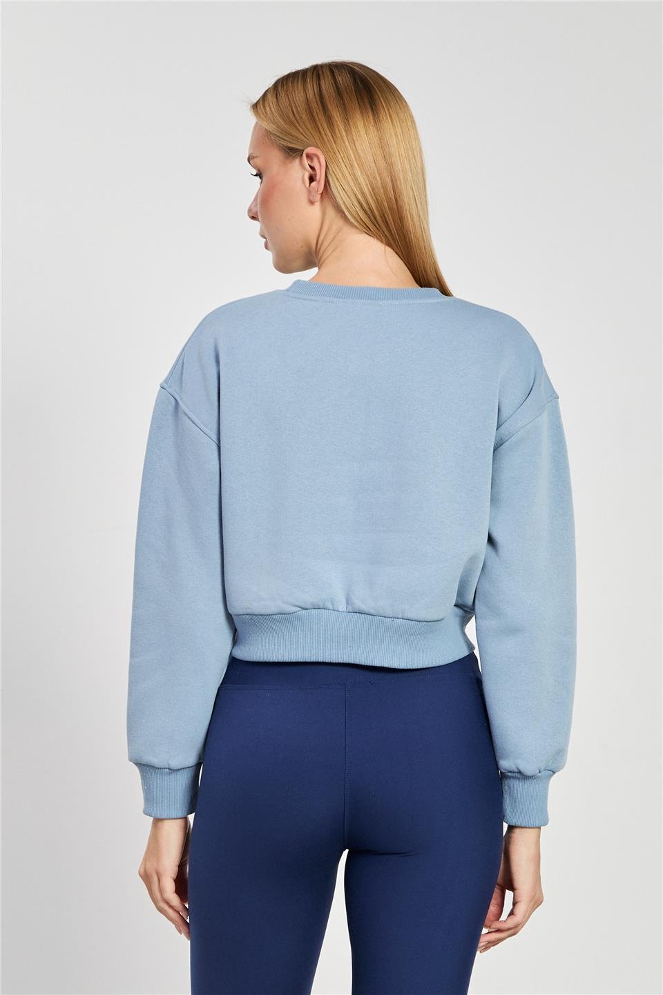 Kadın Bisiklet Yaka Crop Sweatshirt - Gök Mavi