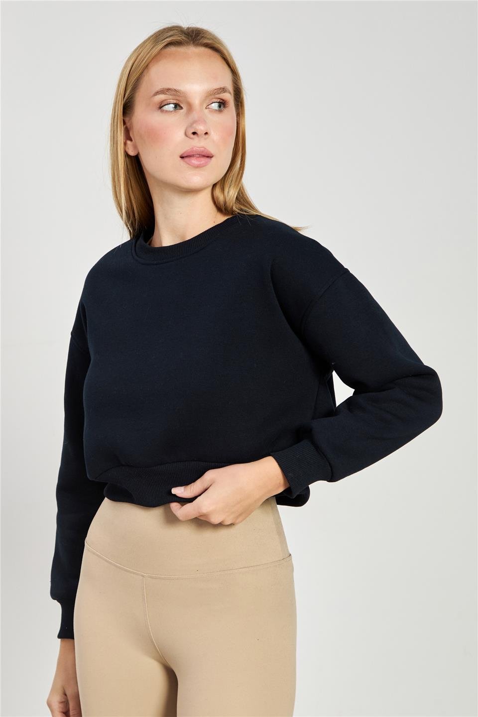 Kadın Bisiklet Yaka Crop Sweatshirt - Lacivert