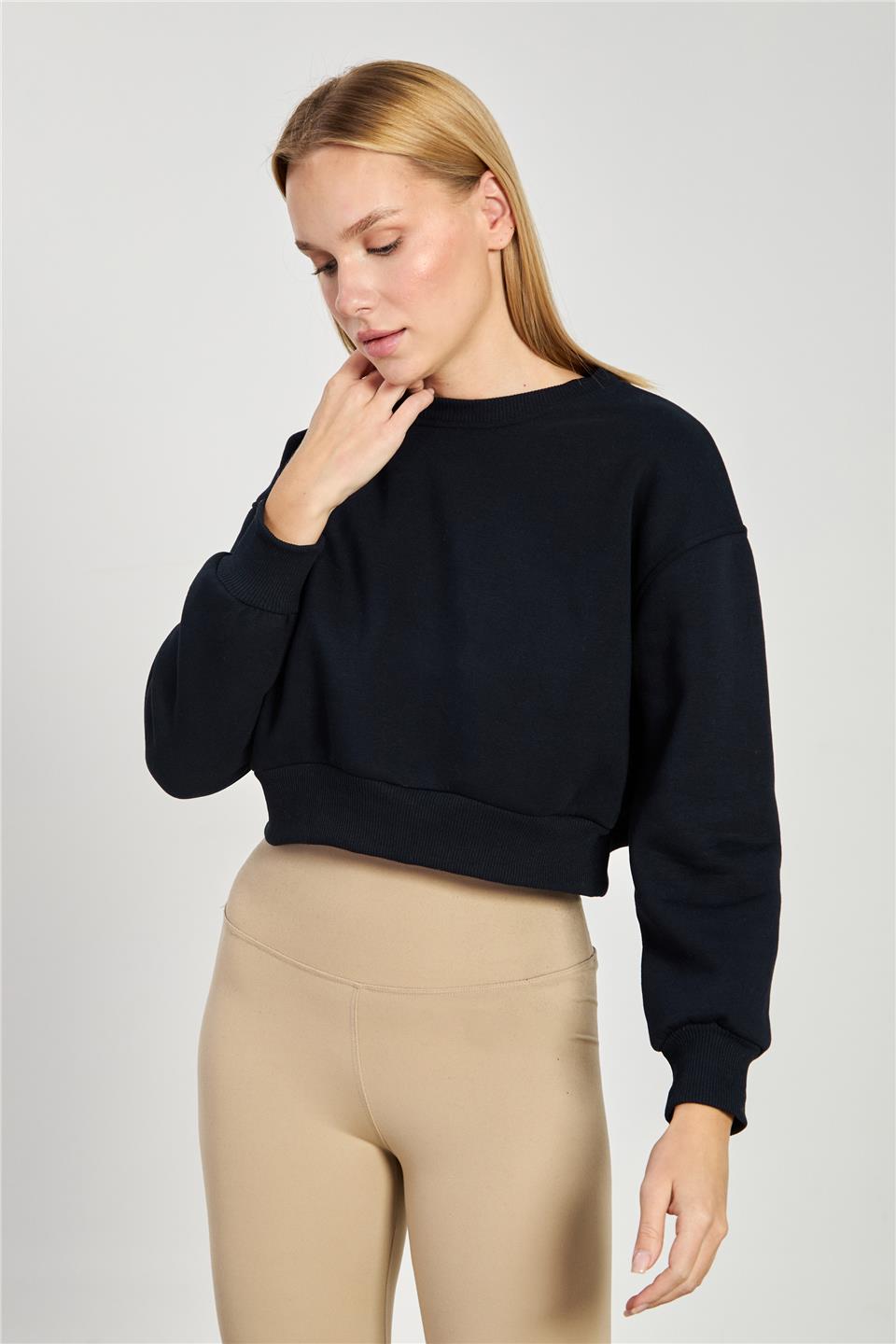 Kadın Bisiklet Yaka Crop Sweatshirt - Lacivert