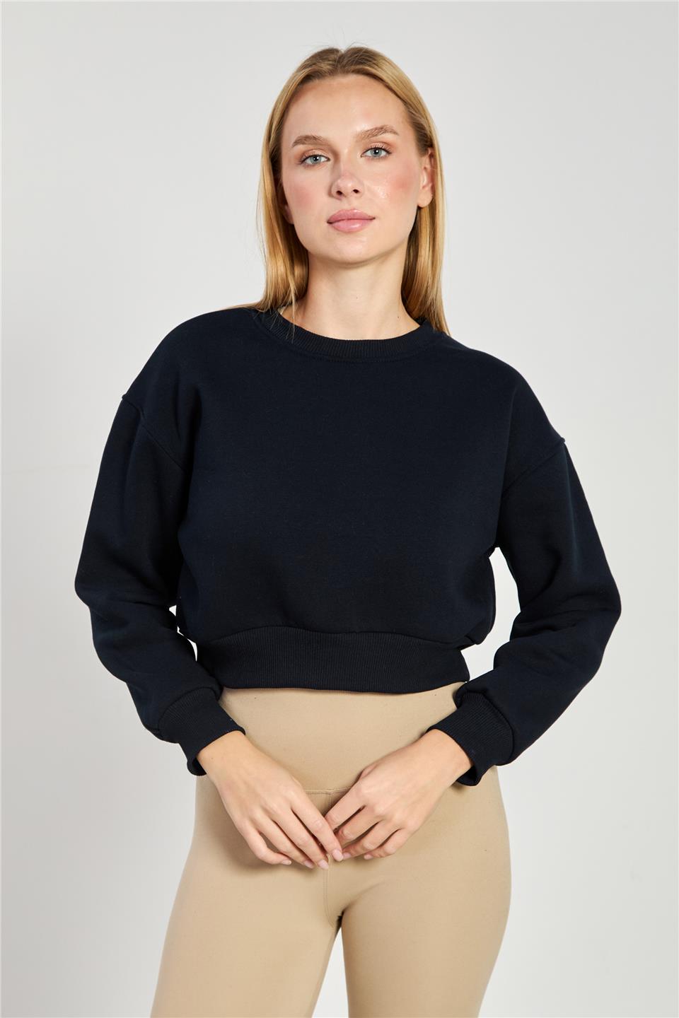 Kadın Bisiklet Yaka Crop Sweatshirt - Lacivert
