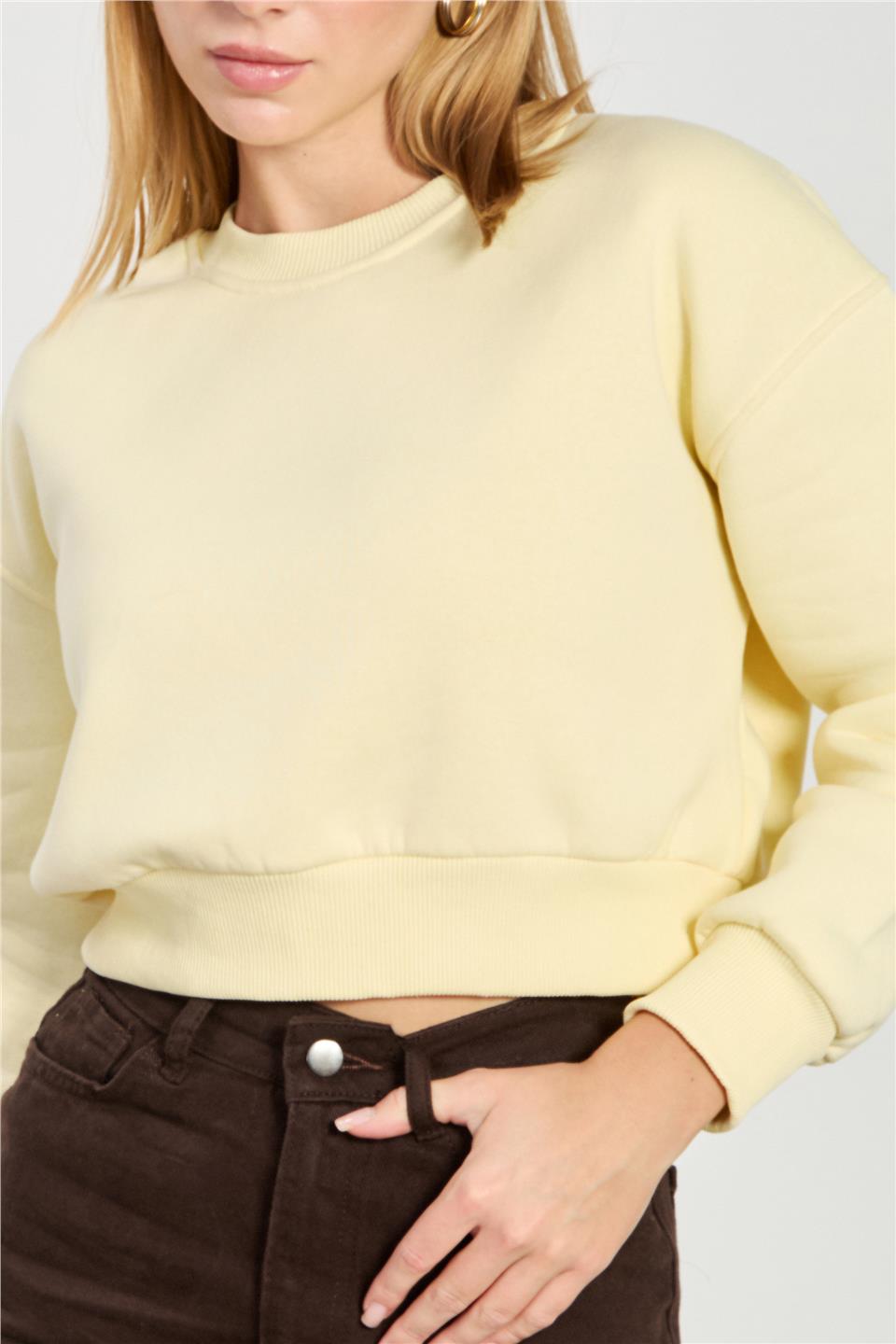 Kadın Bisiklet Yaka Crop Sweatshirt - Sarı