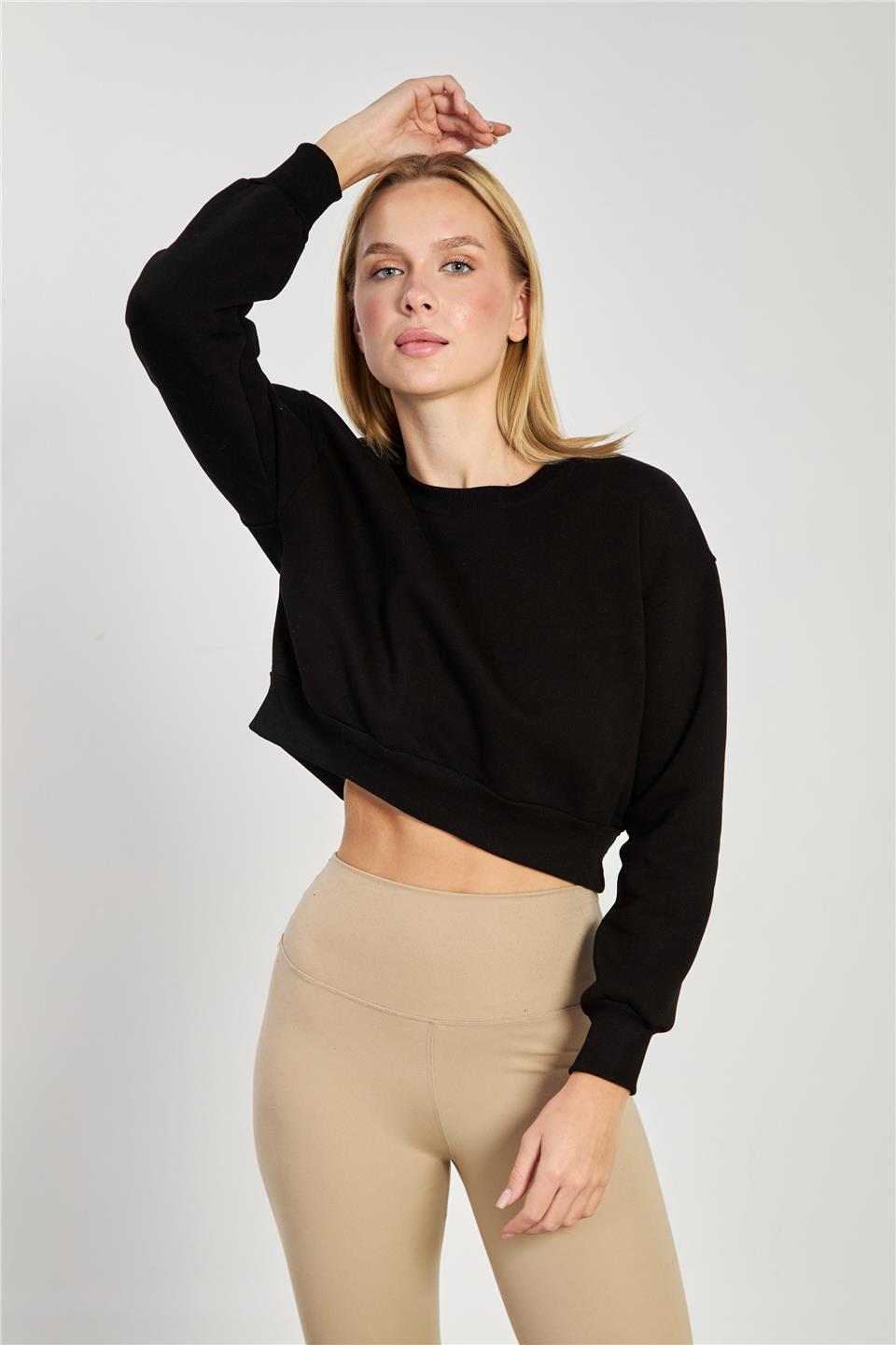 Kadın Bisiklet Yaka Crop Sweatshirt - Siyah