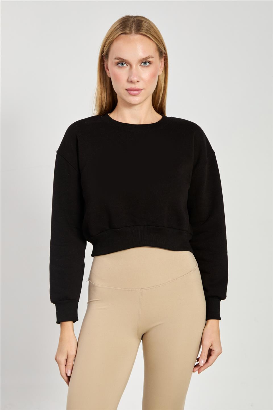 Kadın Bisiklet Yaka Crop Sweatshirt - Siyah