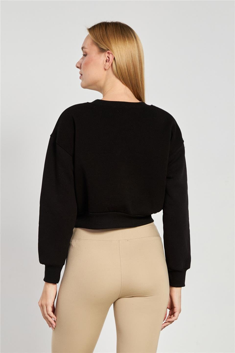 Kadın Bisiklet Yaka Crop Sweatshirt - Siyah