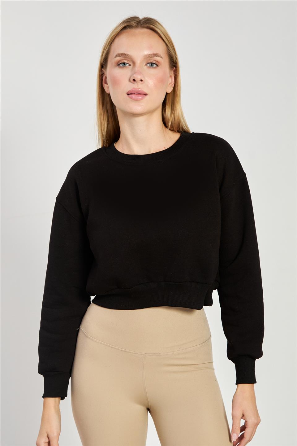Kadın Bisiklet Yaka Crop Sweatshirt - Siyah