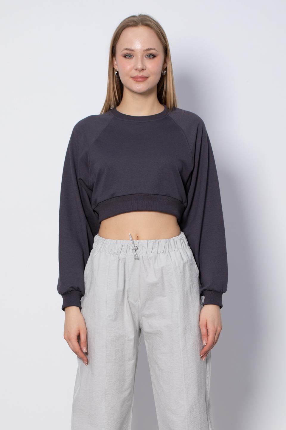 Bisiklet Yaka Kısa Sweatshirt - Antrasit