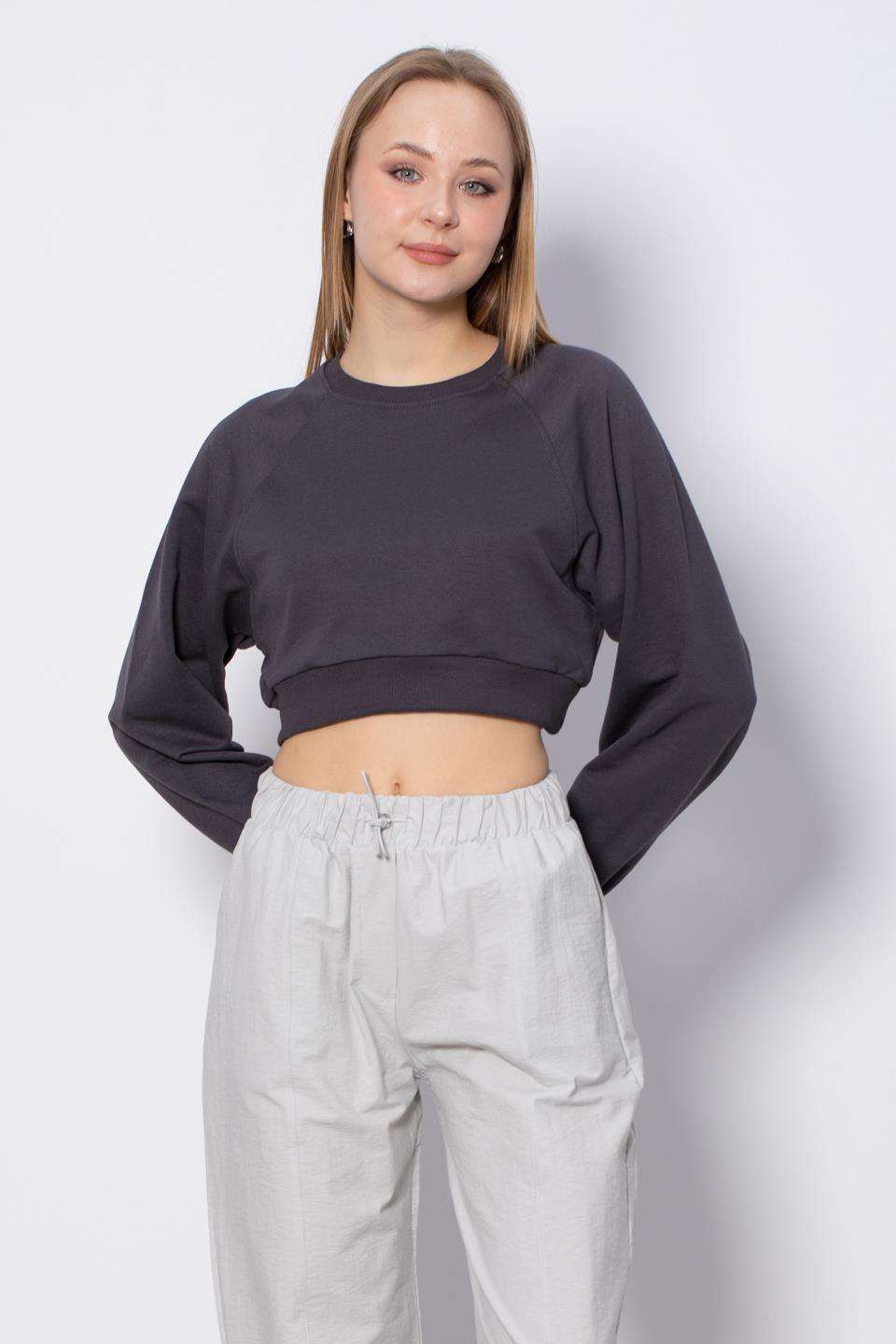 Bisiklet Yaka Kısa Sweatshirt - Antrasit