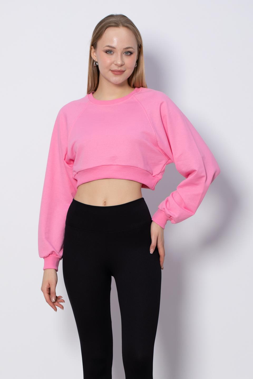 Bisiklet Yaka Kısa Sweatshirt - Pembe