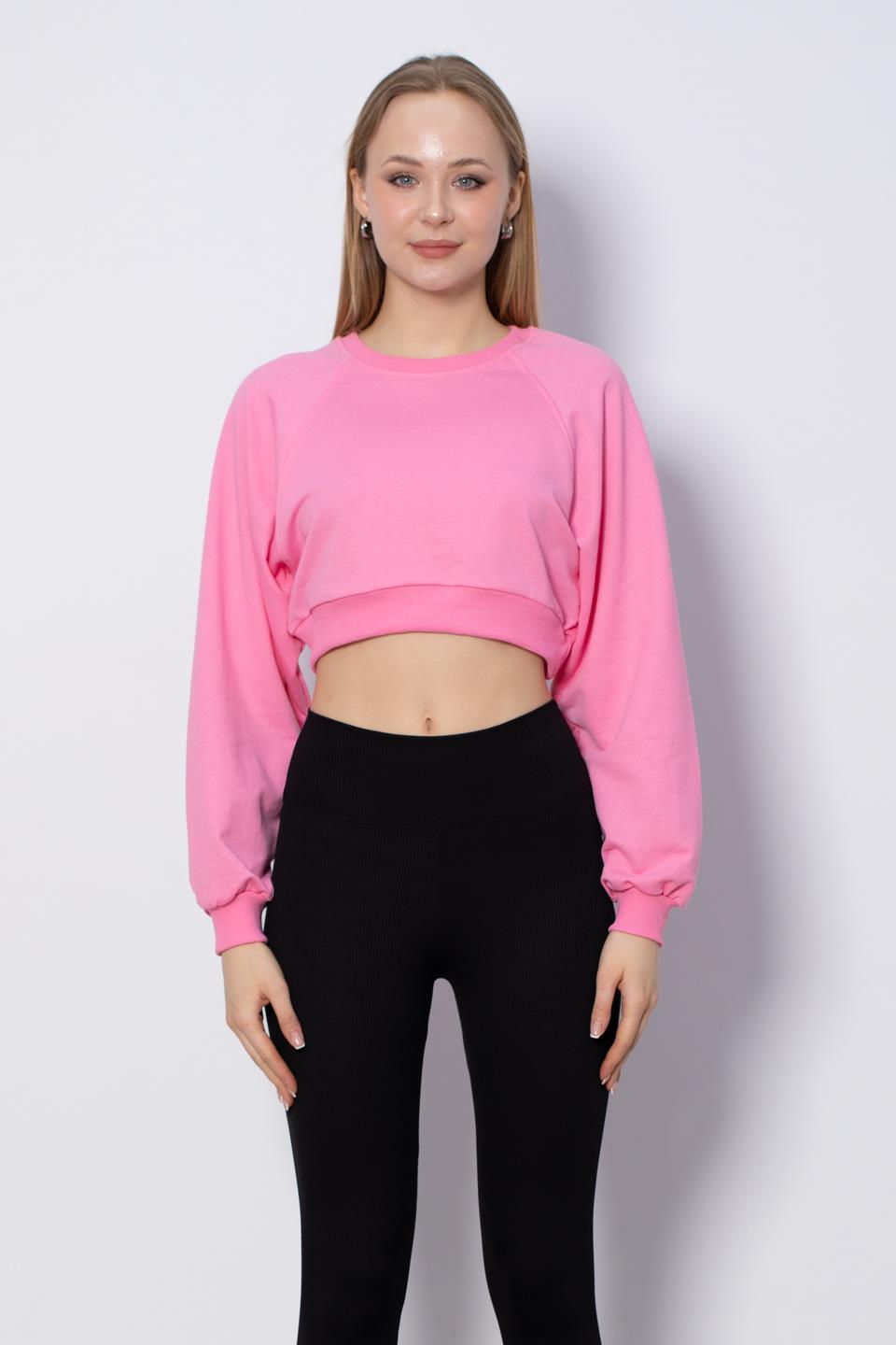 Bisiklet Yaka Kısa Sweatshirt - Pembe