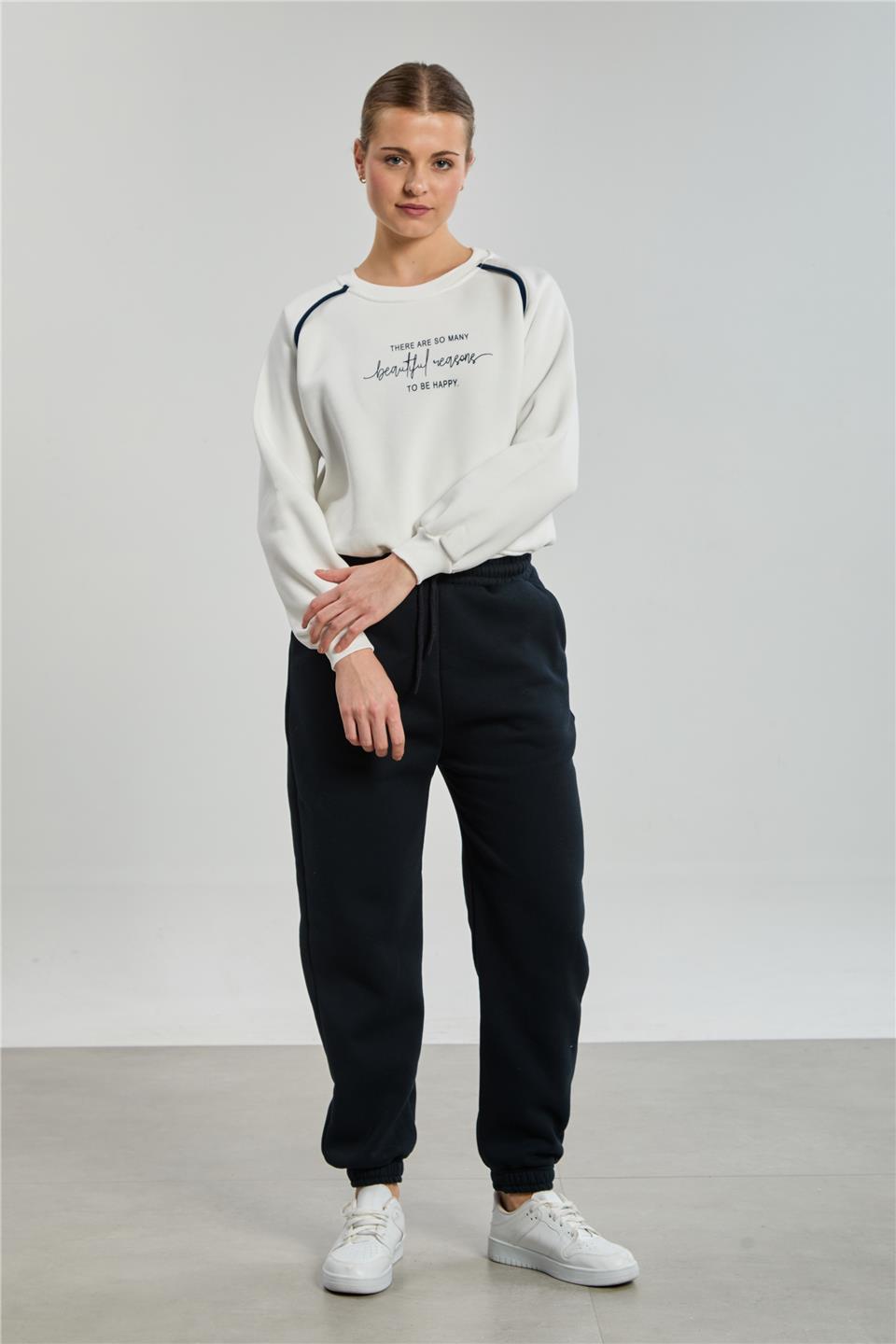 Kadın Bisiklet Yaka Kolları Biyeli Sweatshirt - Ekru