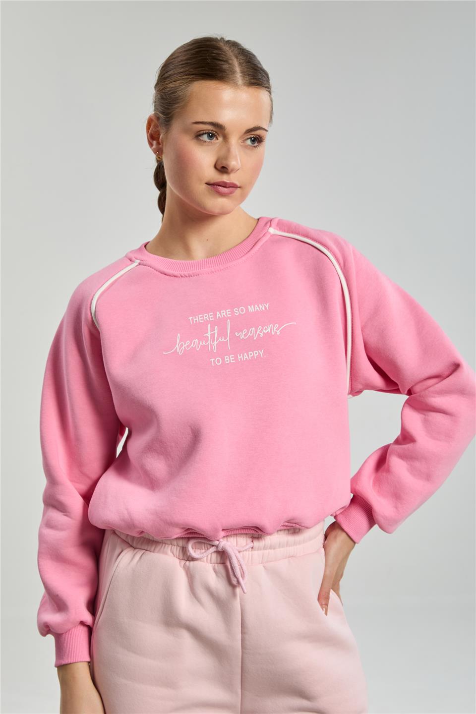 Kadın Bisiklet Yaka Kolları Biyeli Sweatshirt - Pembe