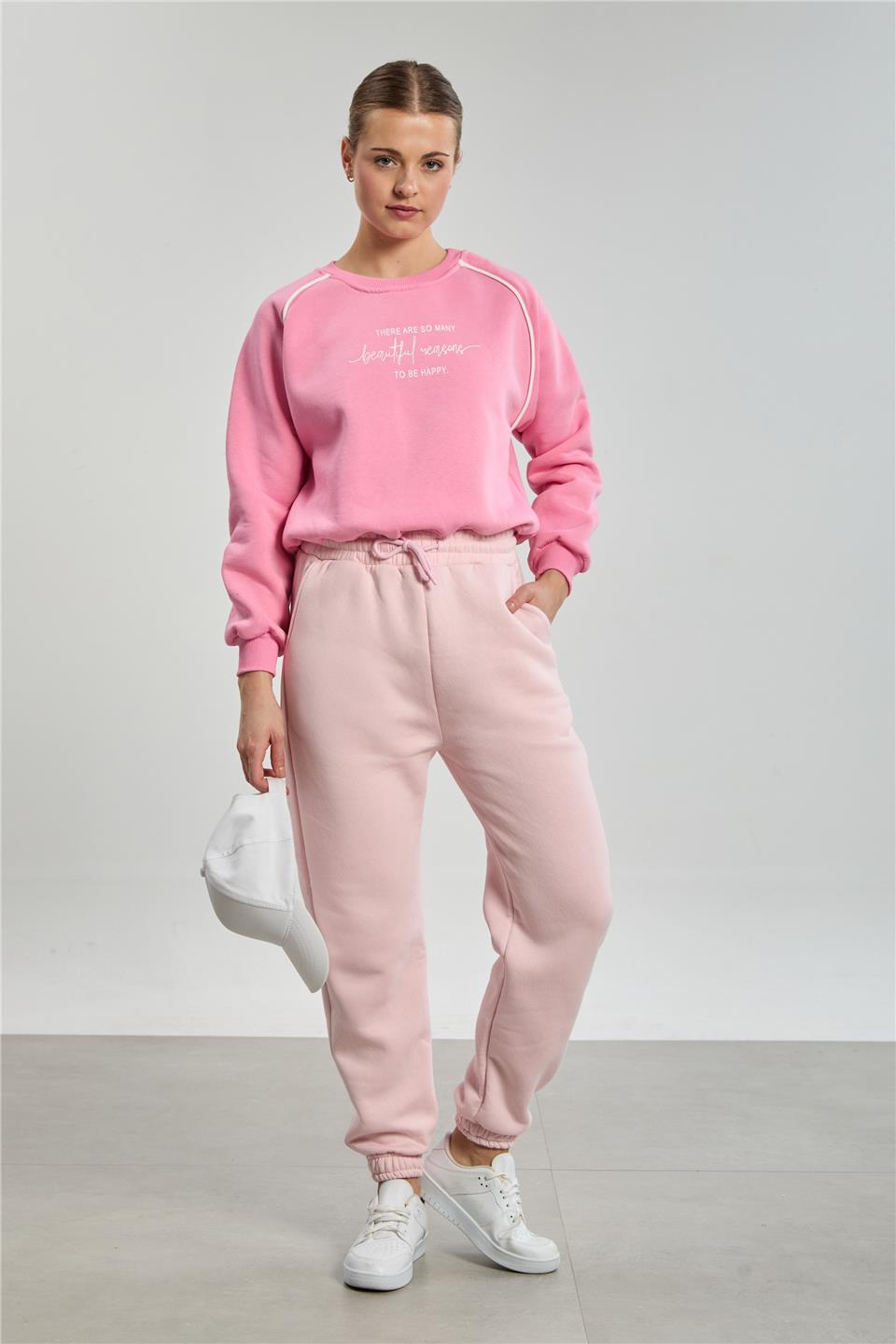 Kadın Bisiklet Yaka Kolları Biyeli Sweatshirt - Pembe