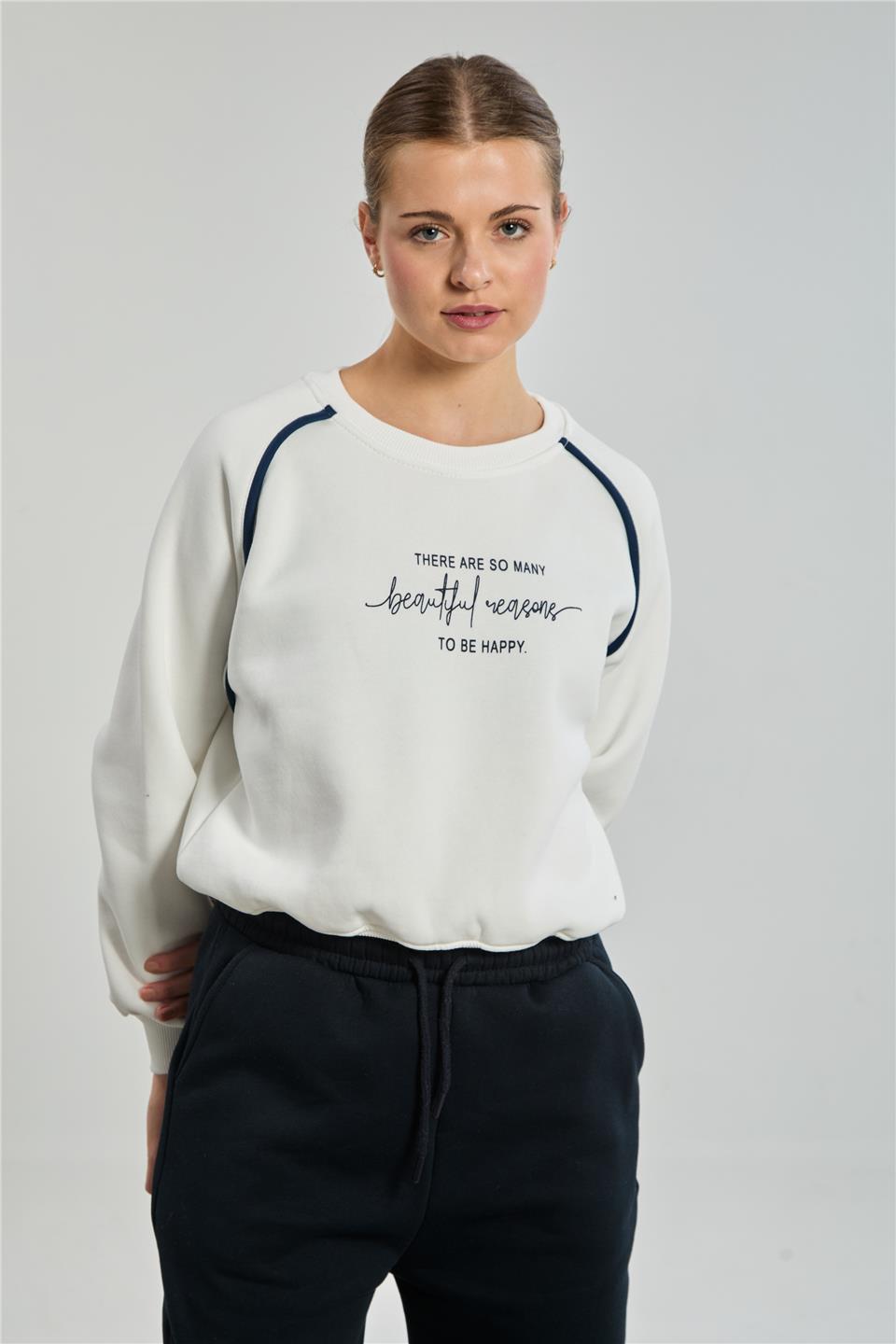 Kadın Bisiklet Yaka Kolları Biyeli Sweatshirt - Ekru