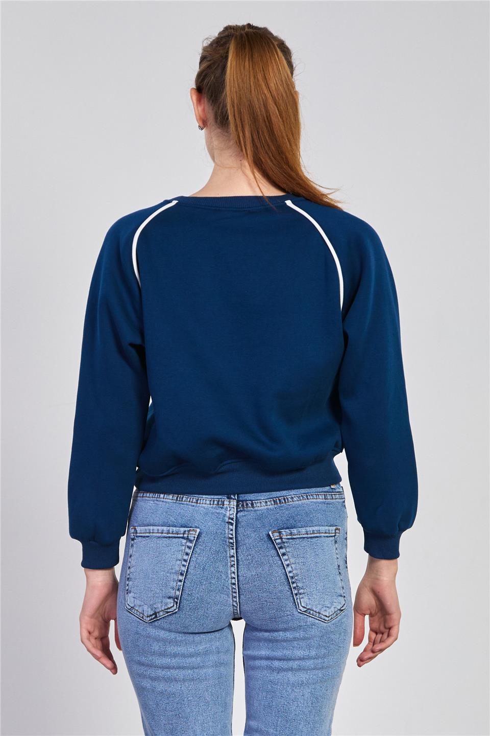 Kadın Bisiklet Yaka Kolları Biyeli Sweatshirt - Lacivert