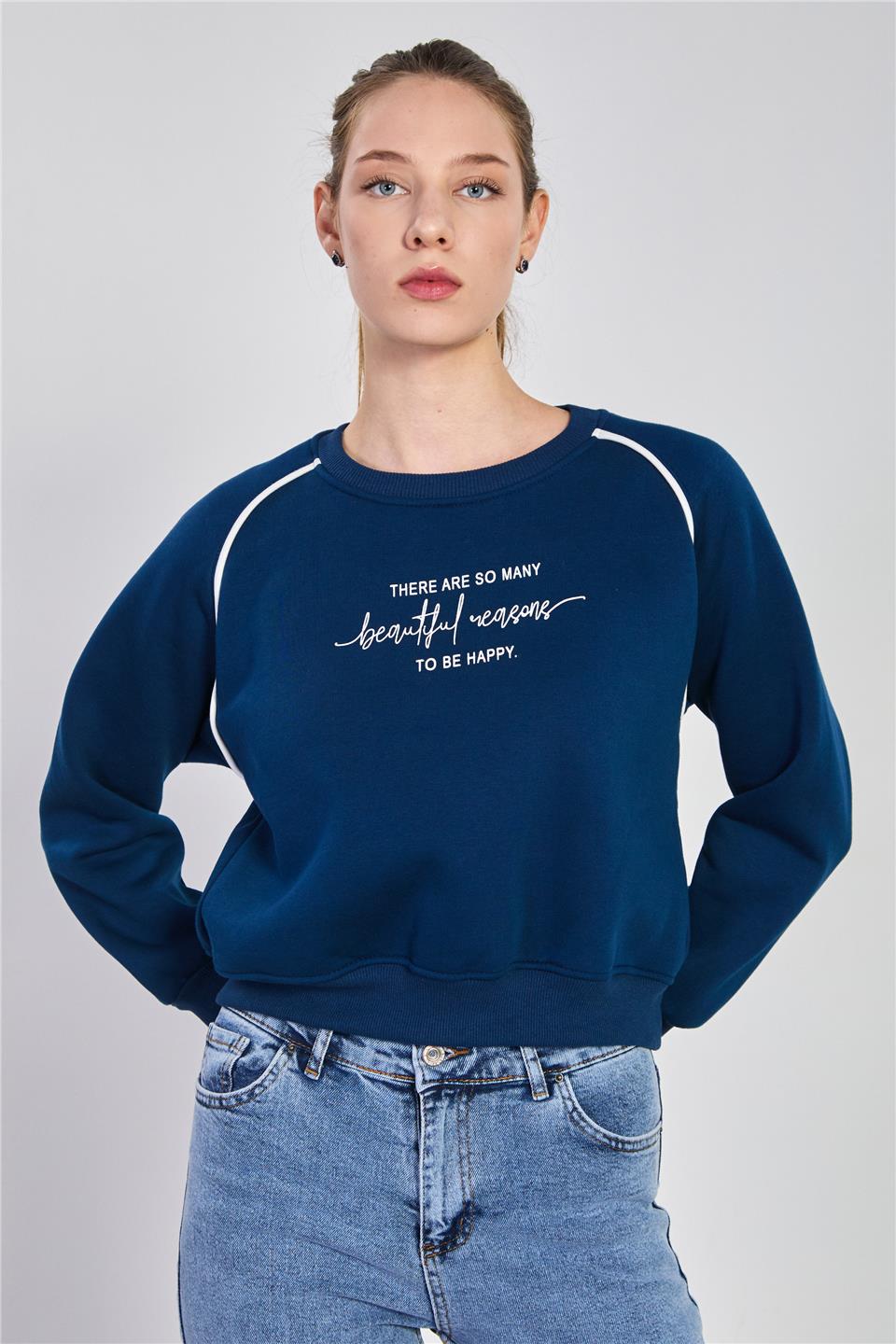 Kadın Bisiklet Yaka Kolları Biyeli Sweatshirt - Lacivert