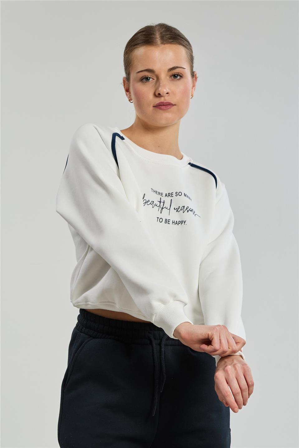 Kadın Bisiklet Yaka Kolları Biyeli Sweatshirt - Ekru