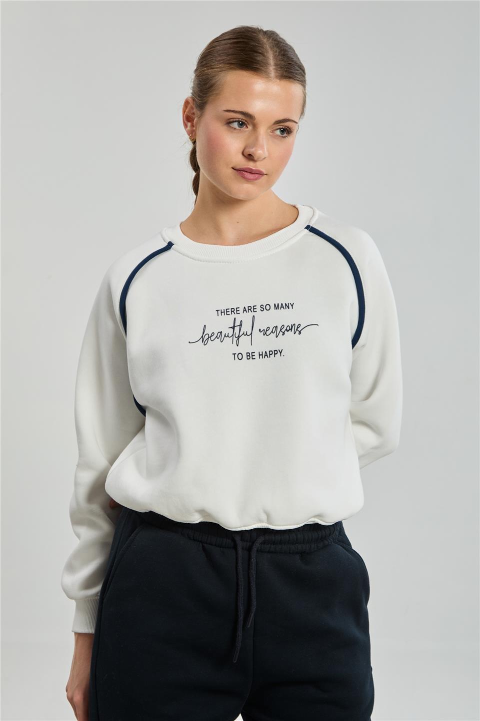 Kadın Bisiklet Yaka Kolları Biyeli Sweatshirt - Ekru