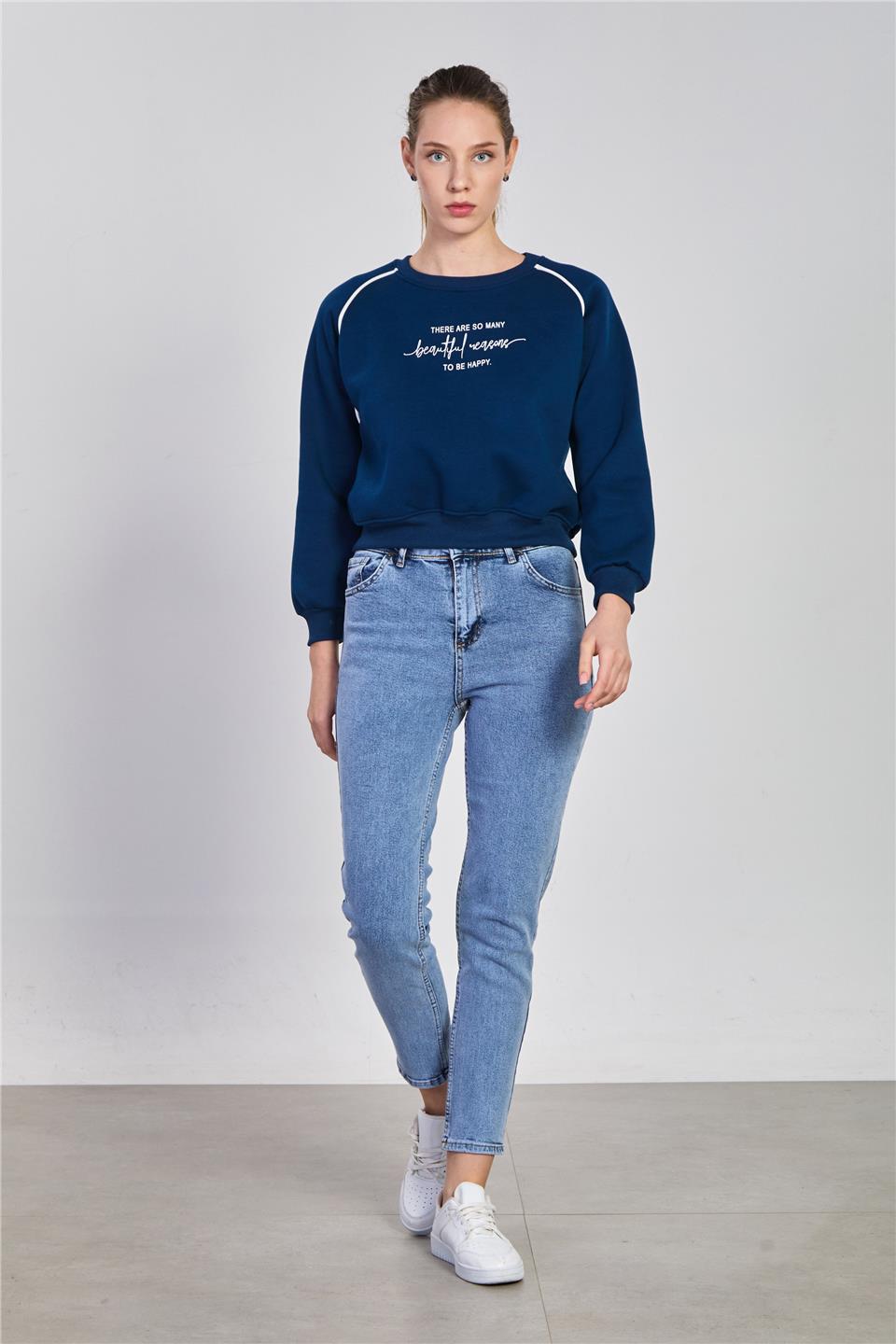 Kadın Bisiklet Yaka Kolları Biyeli Sweatshirt - Lacivert