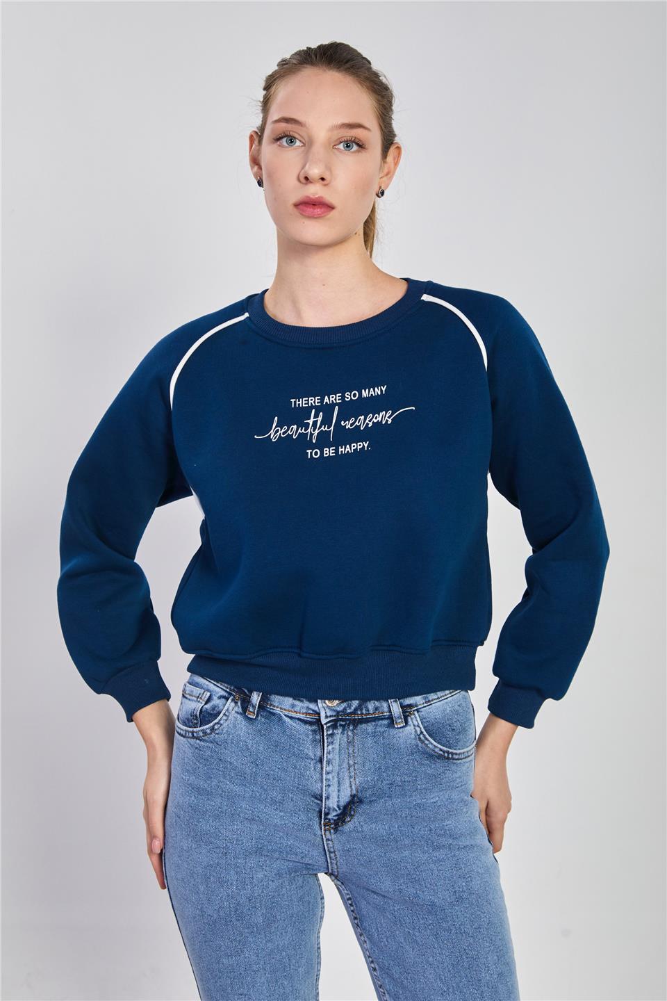 Kadın Bisiklet Yaka Kolları Biyeli Sweatshirt - Lacivert