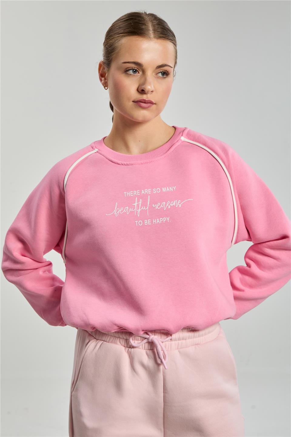Kadın Bisiklet Yaka Kolları Biyeli Sweatshirt - Pembe